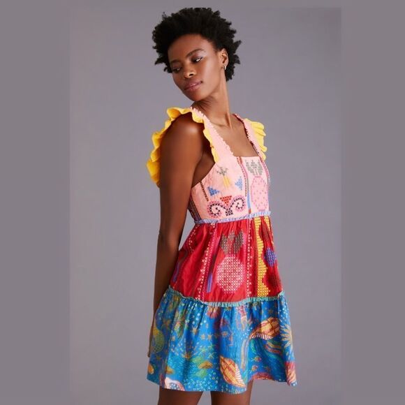🌸 FARM RIO 🌸by Anthropologie Color blocking Embroidered Mini Dress size XL new - Picture 1 of 13